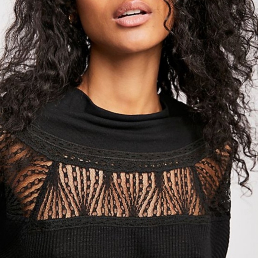 Free People Black Waffle Thermal Lace Neck Top - Picture 3 of 15